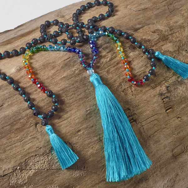 Aqua chakra tassel necklace