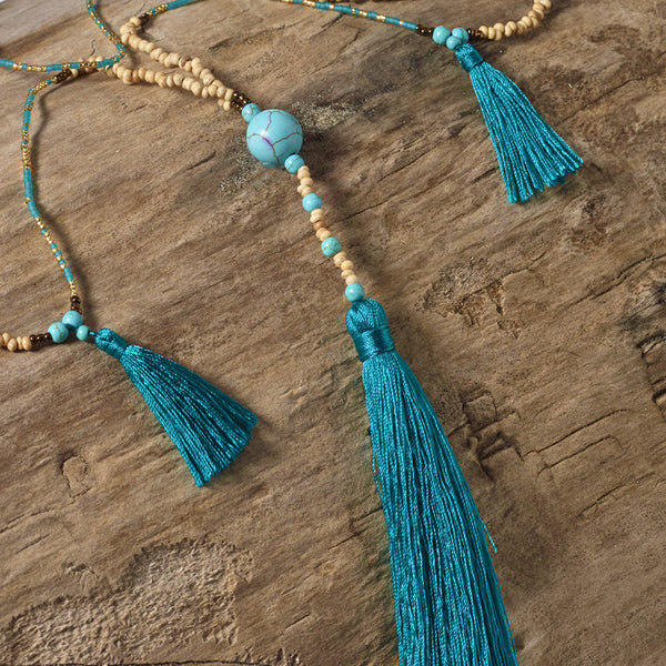 Magnesite Triple Tassel Necklace (Turquoise)