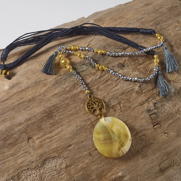 Tree of life earth grey tassel necklace