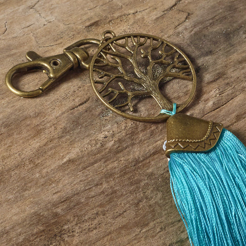 Tree of life turquoise green bag tassel / key ring